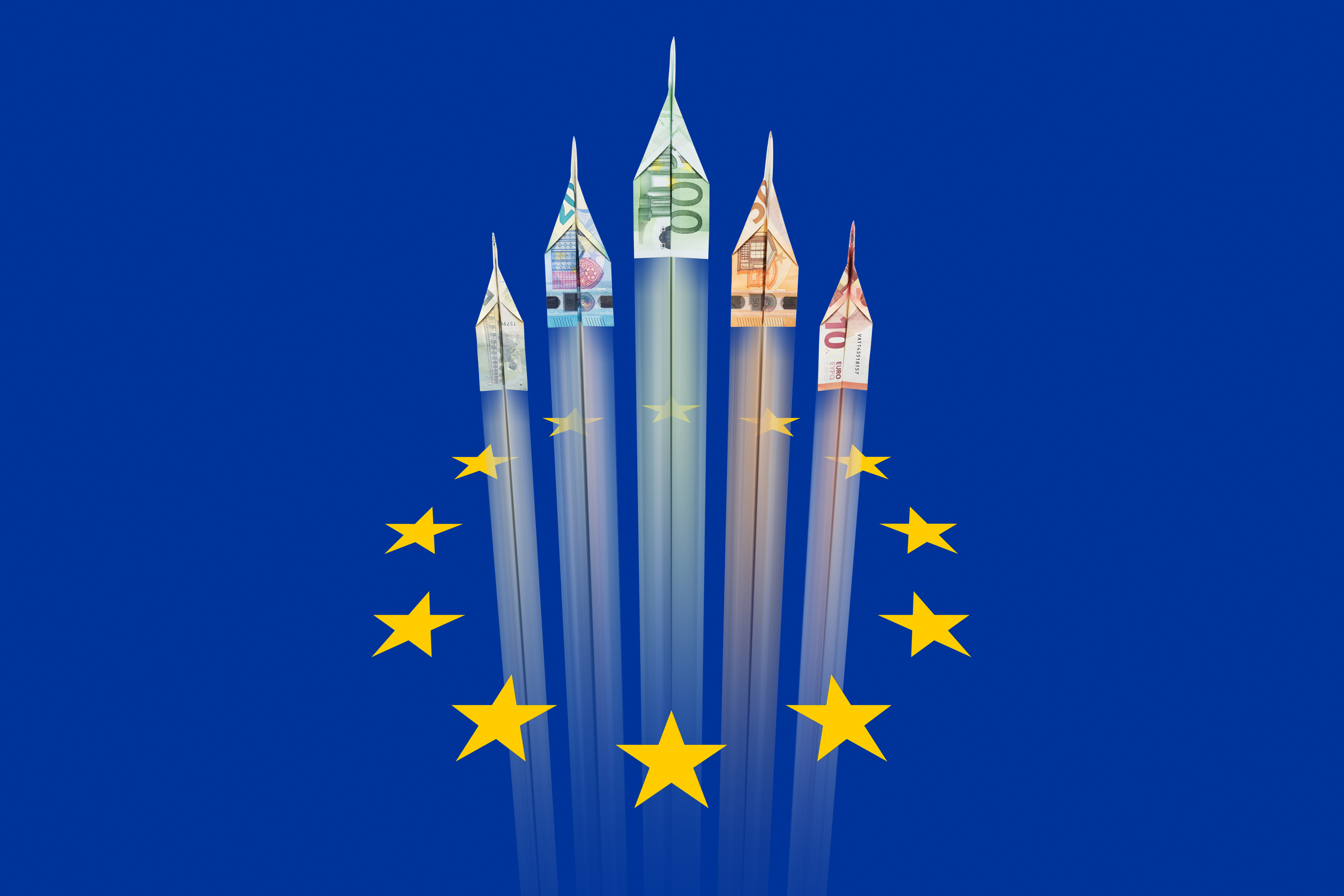 Euro banknotes shaped like rockets launch upward through a circle of yellow EU stars on a blue background, symbolizing economic growth and innovation in Europe.