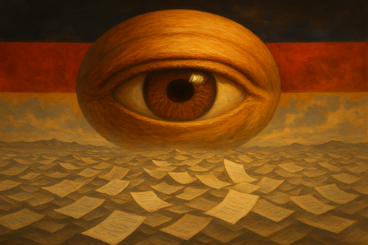 A digital painting of a large human eye with a brown iris hovering in the sky, gazing down on a mountainous landscape made of paper documents. The German flag appears in the background.