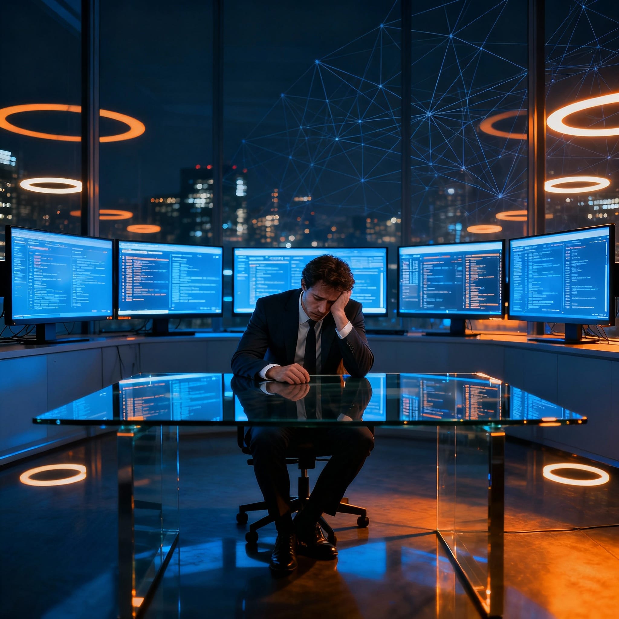 A business professional sits alone at a glass desk surrounded by glowing data screens in a dark office, symbolizing entrapment in expertise and the tension between control and freedom.