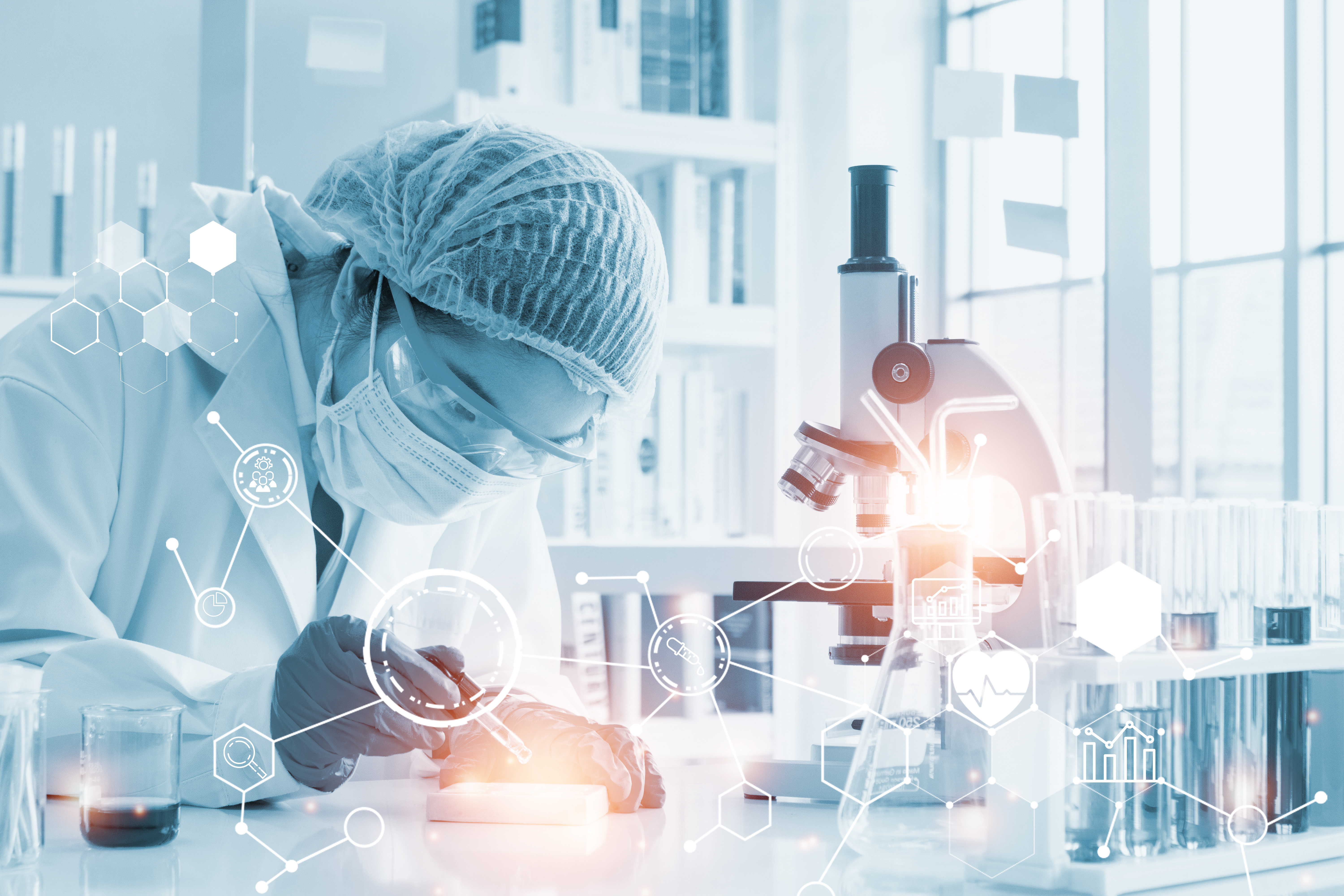 female scientist in protective lab gear using a pipette next to a microscope, overlaid with dynamic digital healthcare network icons.