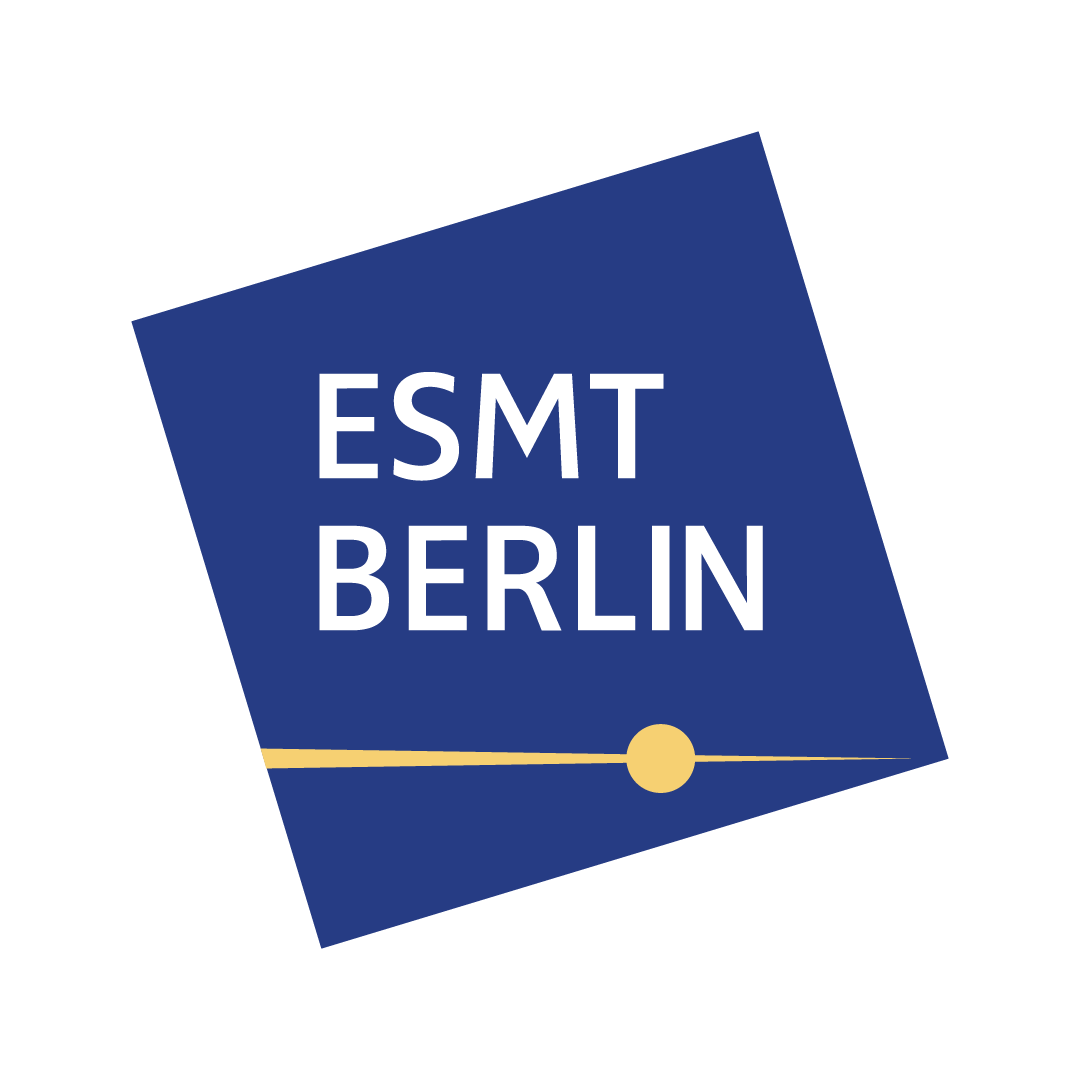 ESMT Berlin logo - white text placed on blue background, with yellow line beneath it