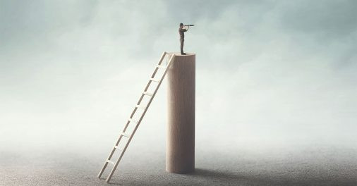 A man is positioned on a ladder, demonstrating skill and stability while reaching for a higher point.