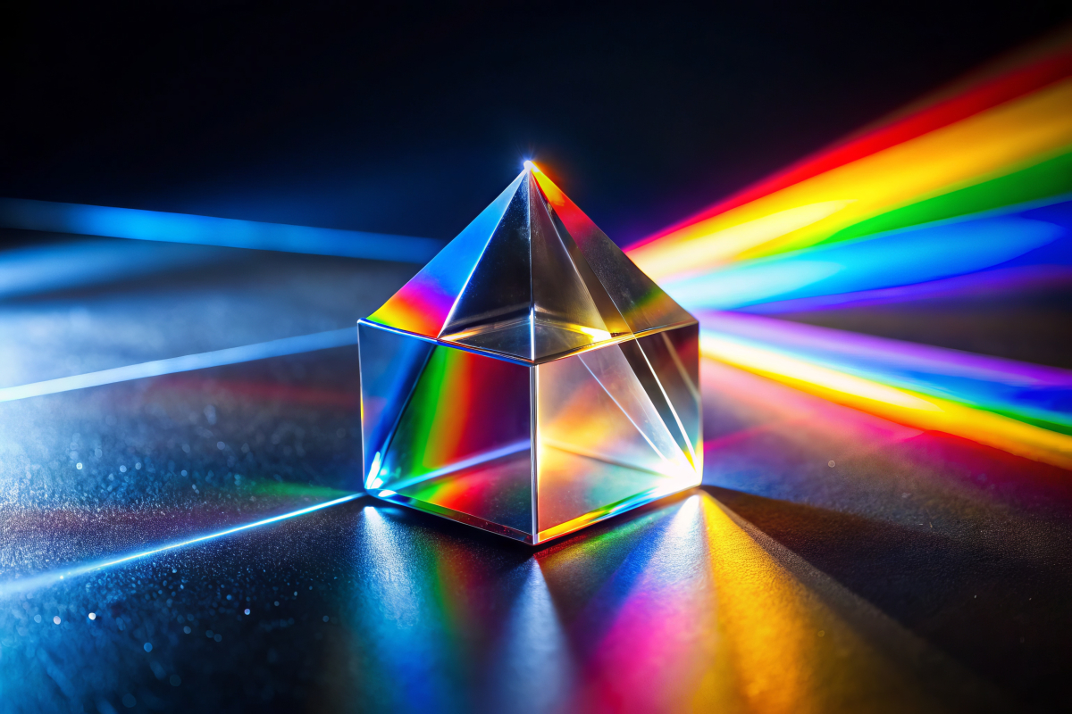 A prism refracts light, creating a spectrum of colors resembling a rainbow in the background.