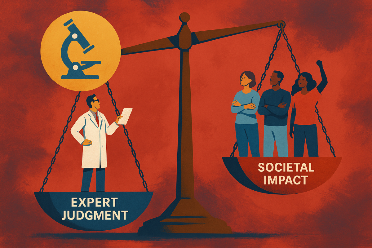 A balance scale showing "Expert Judgment" on the left side with a scientist in a lab coat under a microscope symbol, and "Societal Impact" on the right with three diverse people, one raising a fist. The illustration symbolizes the balance between scientific expertise and community perspectives.