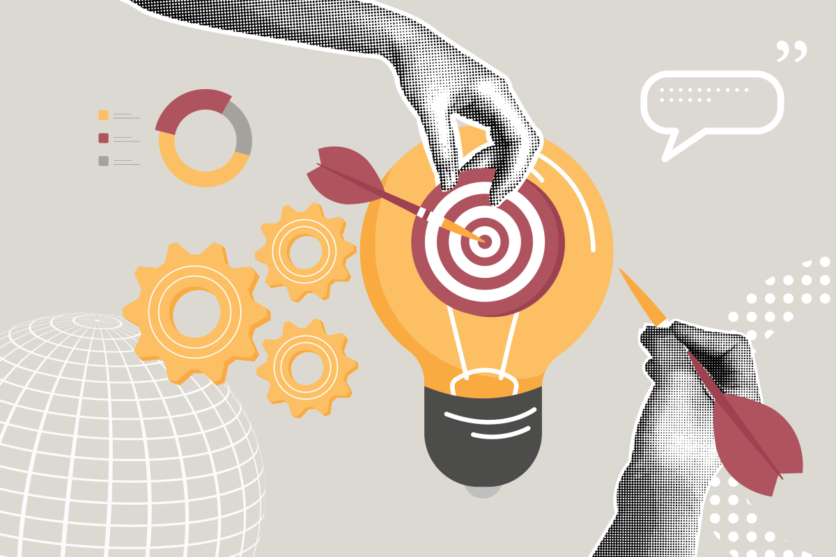 Abstract illustration of hands aiming darts at a lightbulb target, surrounded by gears and data symbols, symbolizing innovation, strategy, and collaboration.