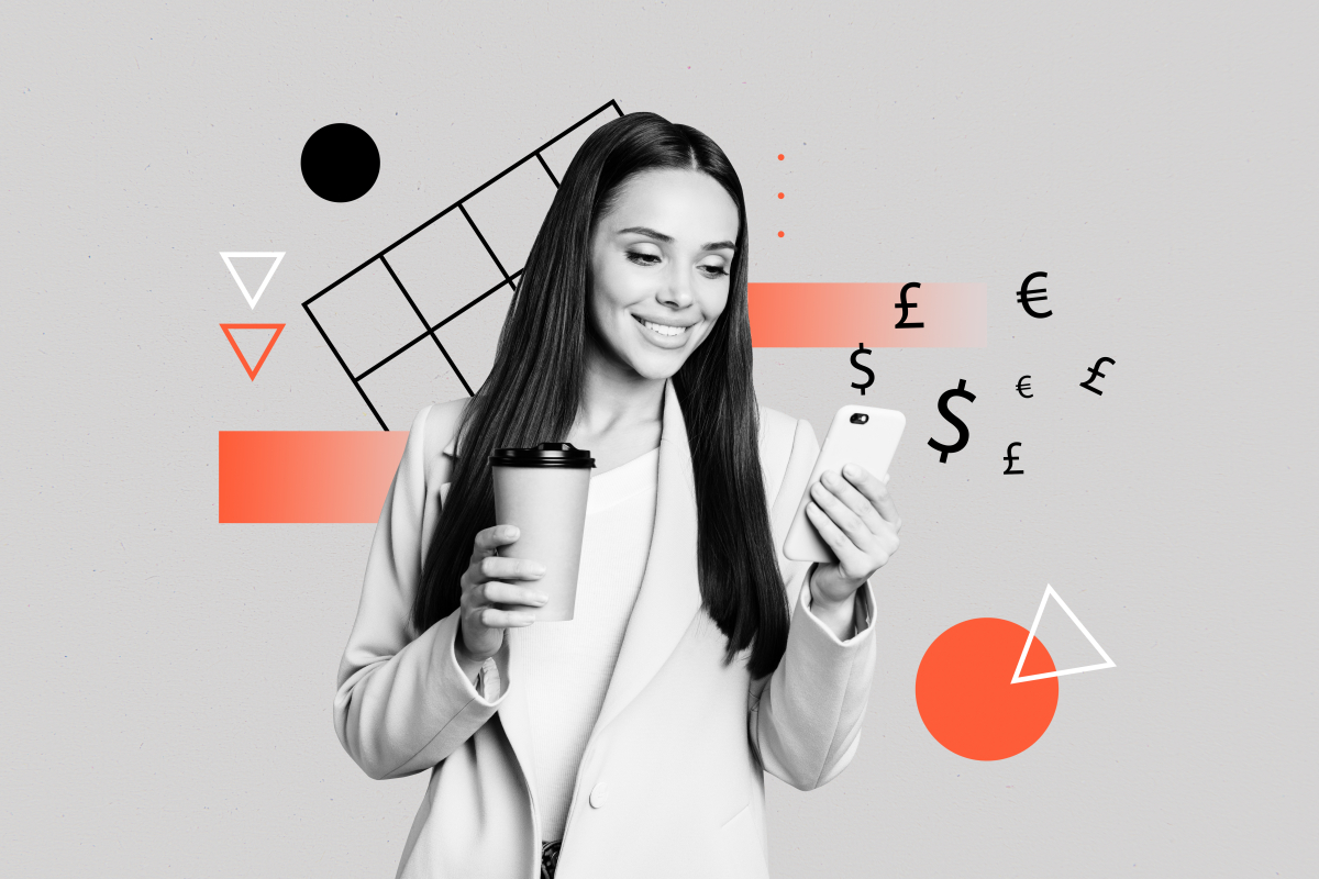 Black-and-white photo of a smiling woman holding a coffee cup and a smartphone, overlaid with colorful abstract shapes and currency symbols like the dollar, euro, and pound, symbolizing mobile financial technology and global payments.