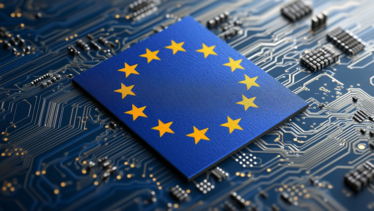 European Union flag depicted on a computer chip, symbolizing EU digital sovereignty and technological innovation