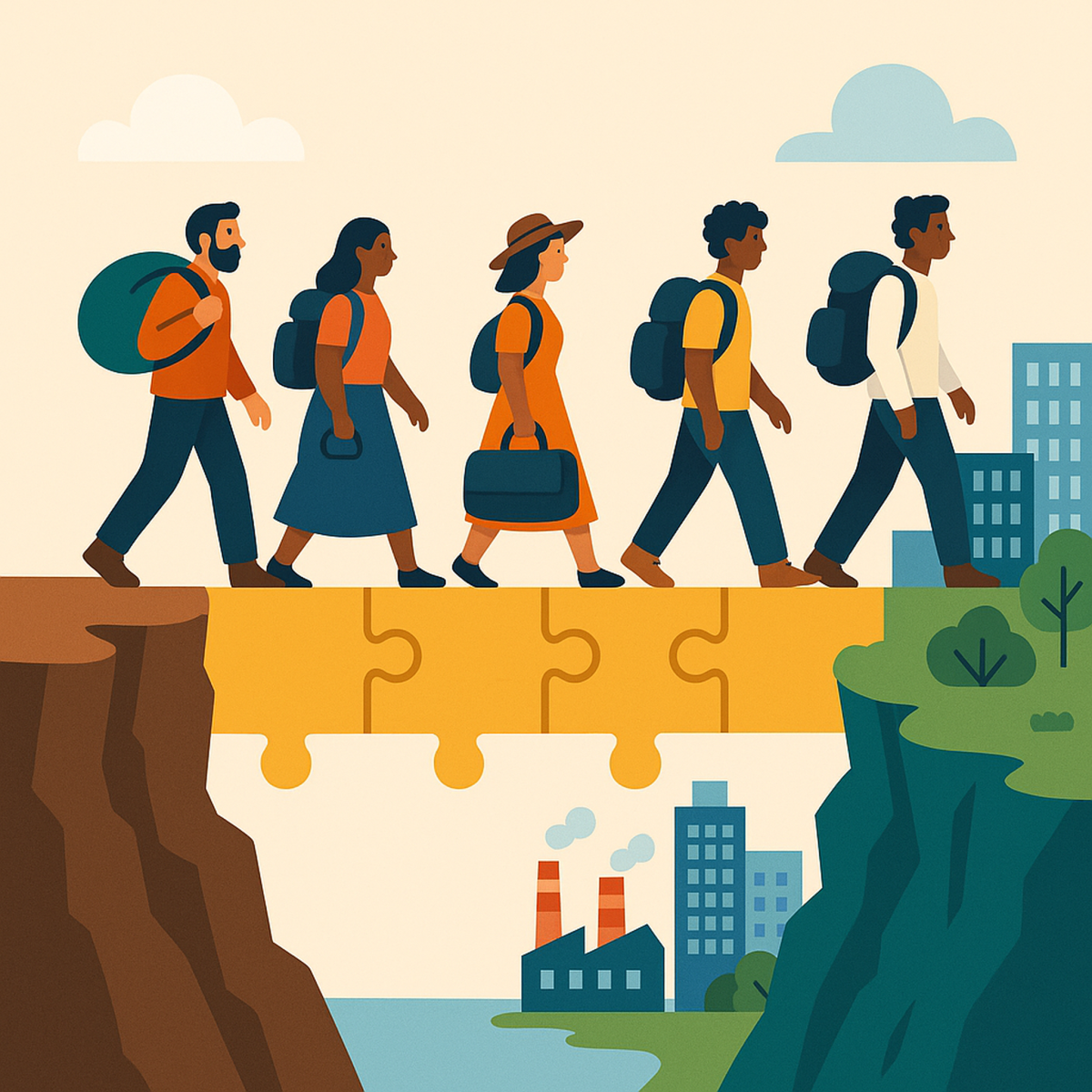 Illustration of a diverse group of people carrying backpacks and luggage as they walk across a puzzle-piece bridge from a barren cliffside to a modern city with factories and greenery, symbolizing migration and economic opportunity.