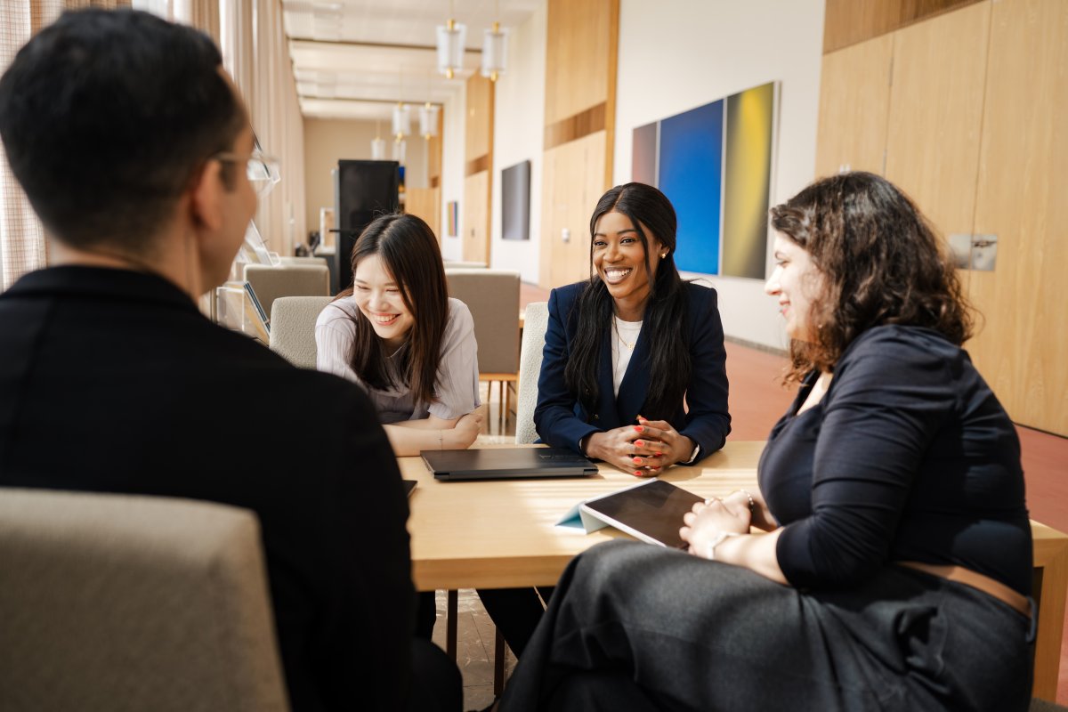 ESMT Berlin Full-time MBA student Gloria Motopu and classmates studying together on campus