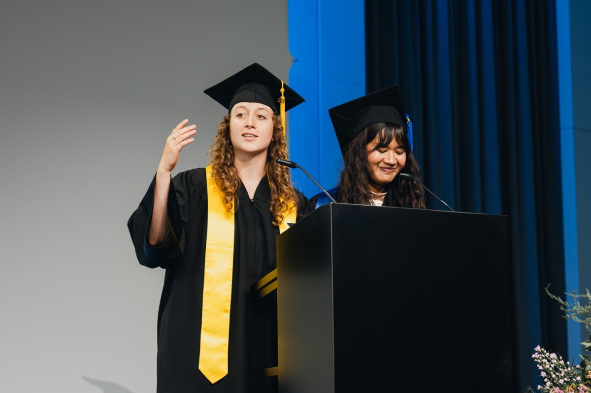 ESMT Master in Global Management student Elise Most making a speech on stage at graduation