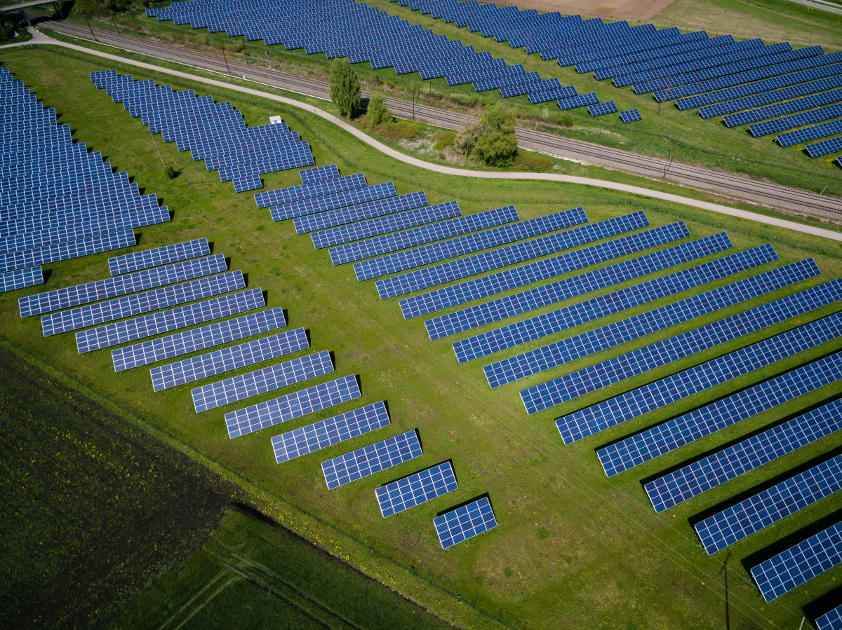 aerial view of solar panels field in Offingen, Germany