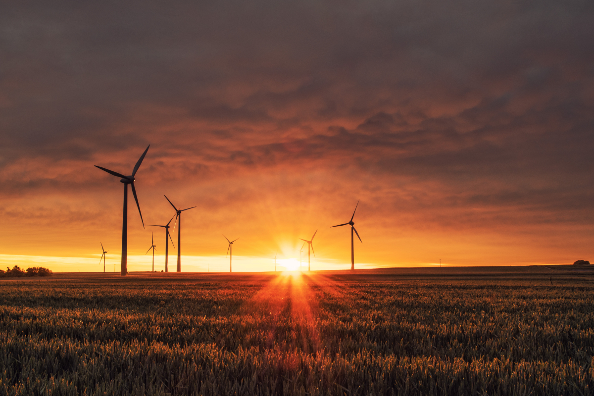 Wind turbines at sunrise in Biedesheim, Germany 