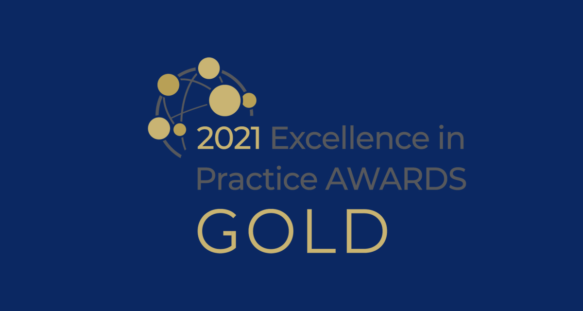 EFMD 2021 Excellence in practice awards gold logo on blue background 