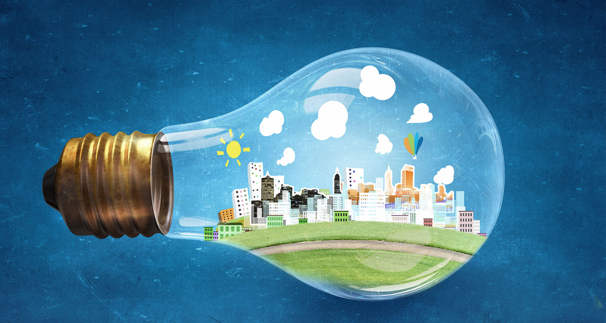 light bulb with city inside