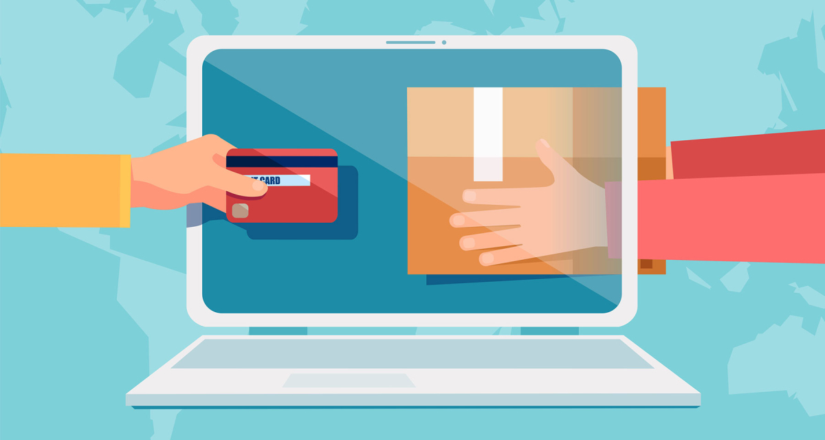 arms reaching into laptop screen with credit card and shopping bag 