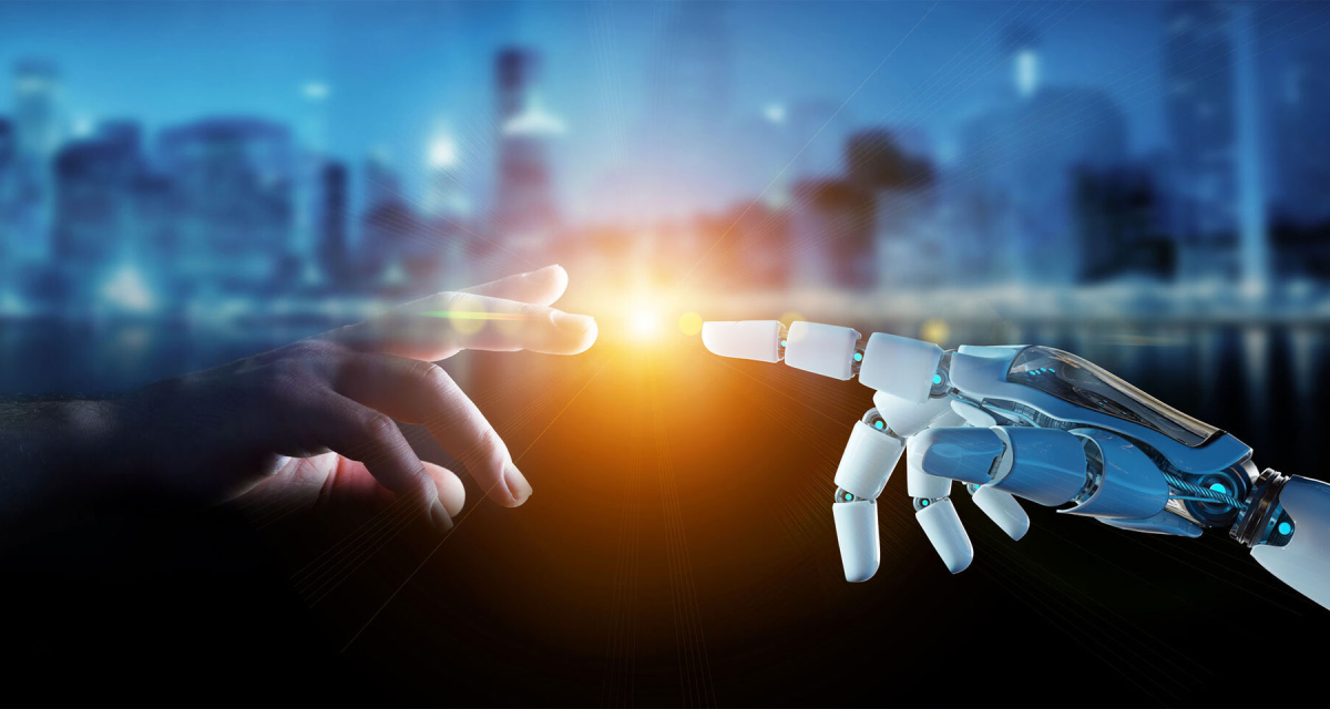 White cyborg finger about to touch human finger 3D rendering