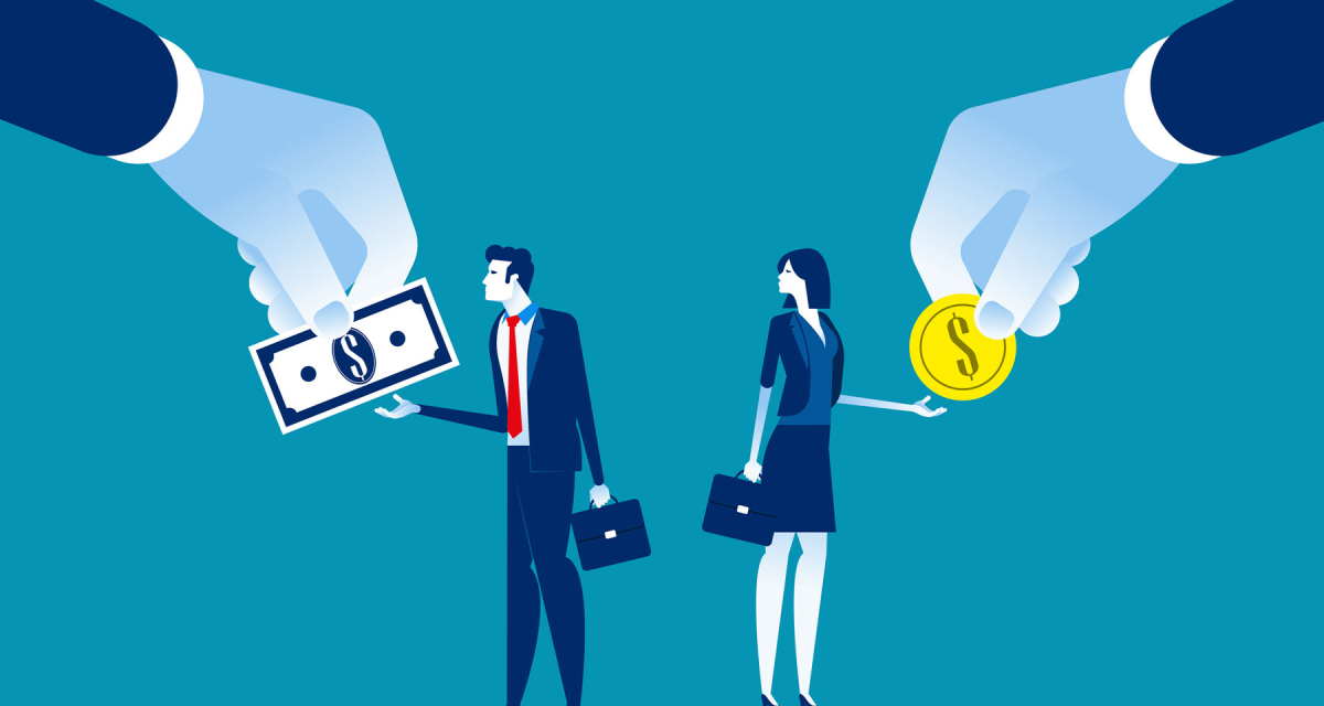 Hand reaching from left corner giving male a dollar note and hand reaching from right corner giving female less money in coins 