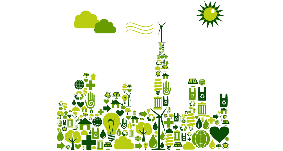 Green City silhouette with environmental icons — Vector