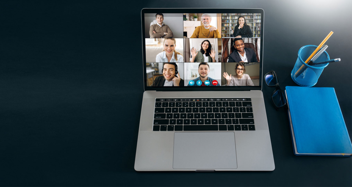 9 people on a zoom call on a laptop