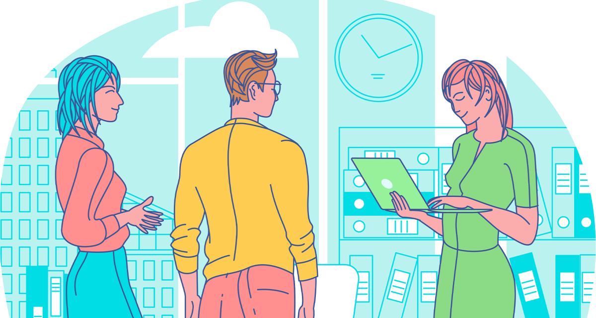 Graphic of two females and a male working in an office together 