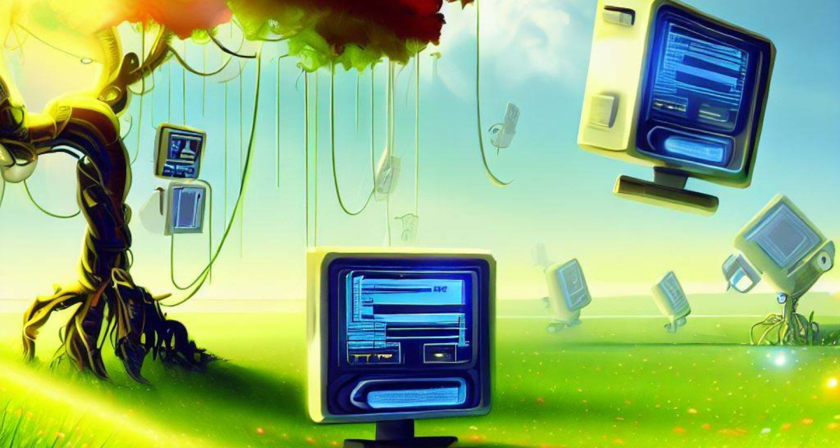 AI generated image of technology growing from earth and trees