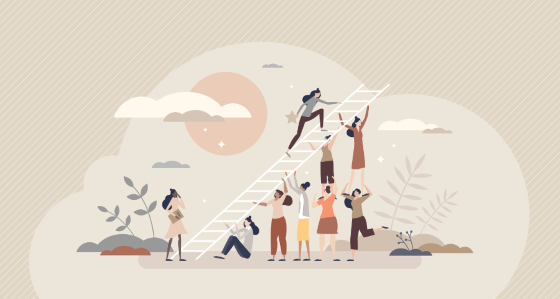 Different women holding a ladder while another woman is climbing it up