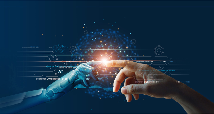 A human fingertip and a machine fingertip touch each other