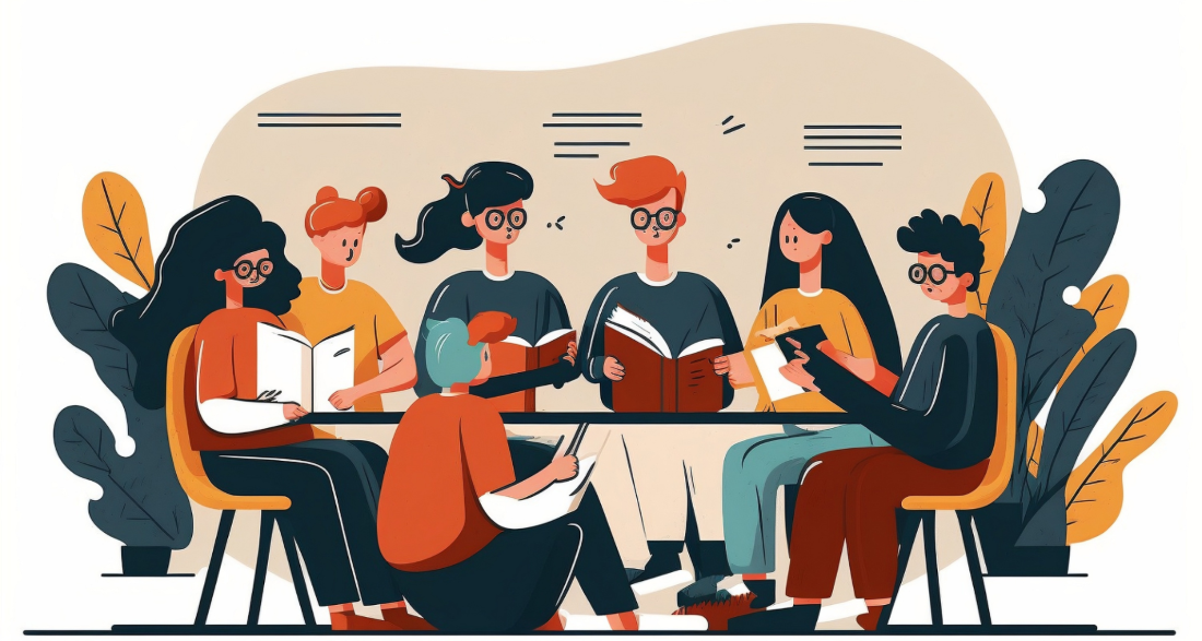 A group of peolpe is sitting together around a round table and reading books