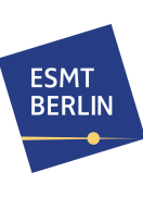 ESMT Berlin logo - white text placed on blue background, with yellow line beneath it