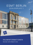 Image of ESMT builing with text "room information" placed beneath it on a blue background