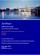 Front page of certificate with image of a building with a river in front of it and blue background and text below the image