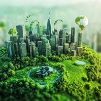 A picturesque green city adorned with lush trees and balloons drifting overhead.