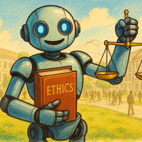 Robotic scholar poses on campus with ethics book in one hand and scales of justice in the other