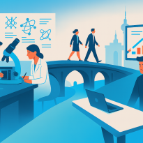 A flat-style illustration shows collaboration between science and business. On the left, two researchers work in a lab with microscopes and molecular diagrams. On the right, a business professional sits at a desk with a laptop in front of a presentation screen showing a rising bar chart. In the center, a stone bridge connects the two scenes, with people walking across it. The background includes Berlin landmarks like the Fernsehturm and a domed building.
