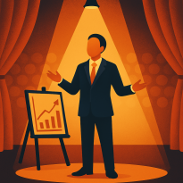 Digital illustration of a faceless business professional standing under a spotlight on a stage with red curtains, gesturing confidently beside an easel displaying an upward-trending bar and line graph, symbolizing impactful business communication.