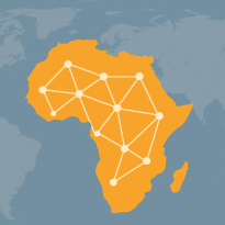 Stylized digital illustration of the African continent in bright orange, overlaid with a white network of connected nodes, set against a faded blue world map background.