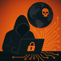 Digital illustration showing a hooded figure at a laptop with a glowing padlock icon on the screen. Above, a dark globe centered on North America displays an orange skull over the United States. Orange circuit lines radiate from the laptop and connect seamlessly to the globe, symbolizing global cyber threats.