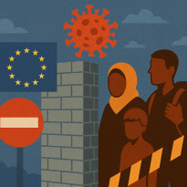Digital illustration showing a gray brick wall dividing an EU flag and a red “no entry” road sign on the left from a faceless migrant family on the right, with a large red coronavirus icon above and black-and-yellow barrier tape in the foreground.