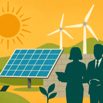 Digital illustration of a sunny renewable energy landscape with a large golden sun, blue solar panels, and white wind turbines on rolling green hills, alongside faceless silhouettes of two professionals in the foreground.