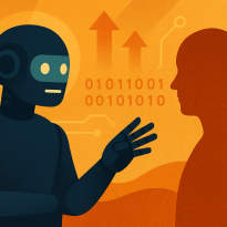 Digital illustration of a dark blue humanoid robot interacting with a faceless orange human silhouette, set against a warm orange background with binary code and abstract circuit patterns.