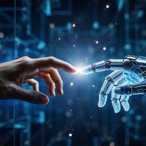 Human hand touches robot hand with glowing contact point.