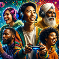 Illustration of a diverse group of gamers wearing headsets and using controllers and smartphones in a brightly colored, futuristic digital environment with neon circuitry and geometric graphics, representing inclusive gaming communities and global connection.