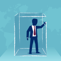 Concept vector illustration of man drawing box around himself creating limits and borders