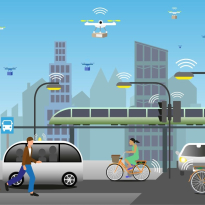 illustration of diverse residents and transport in urban mobility landscape