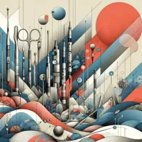 Abstract landscape header image with precision-drawn medical instruments, in ESMT's color palette, symbolizing MedTech innovation