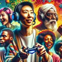 AI generated image of diverse group people gaming
