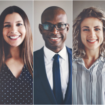 a mixed-gender collage of seven business people 