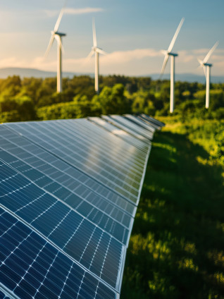 landscape showcasing solar panels and wind turbines under a vibrant sunset, symbolizing renewable energy and sustainability