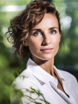 Woman next to a green background