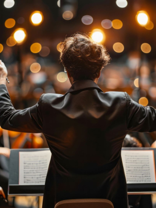 A music conductor leading an orchestra